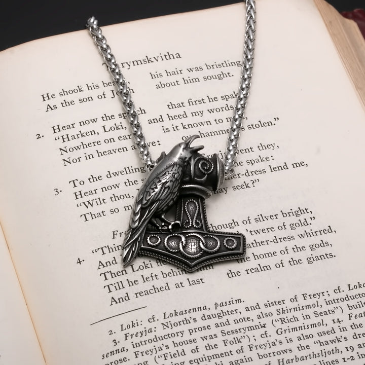 Viking Mjolnir Thor's Hammer Raven Stainless Steel Pendant Necklace