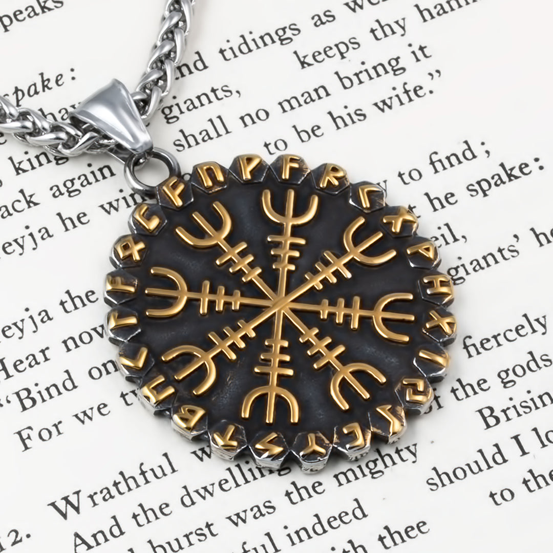 Helm of Awe Vegvisir Rune Pendant Necklace Stainless Steel Viking