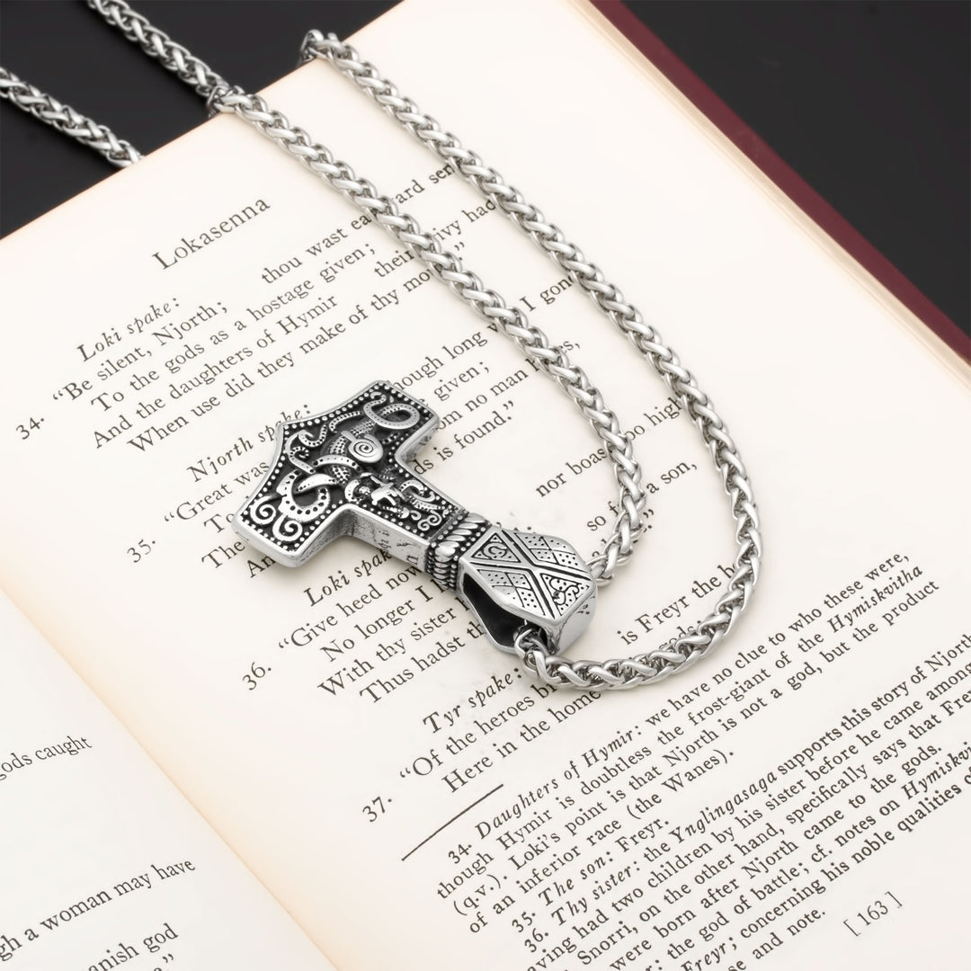 Mjolnir Thor's Hammer Jormungandr Pendant Necklace Stainless Steel Viking