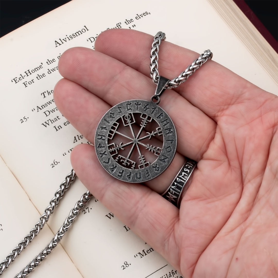 Vegvisir Elder Futhark Rune Compass Pendant Necklace Stainless Steel Viking
