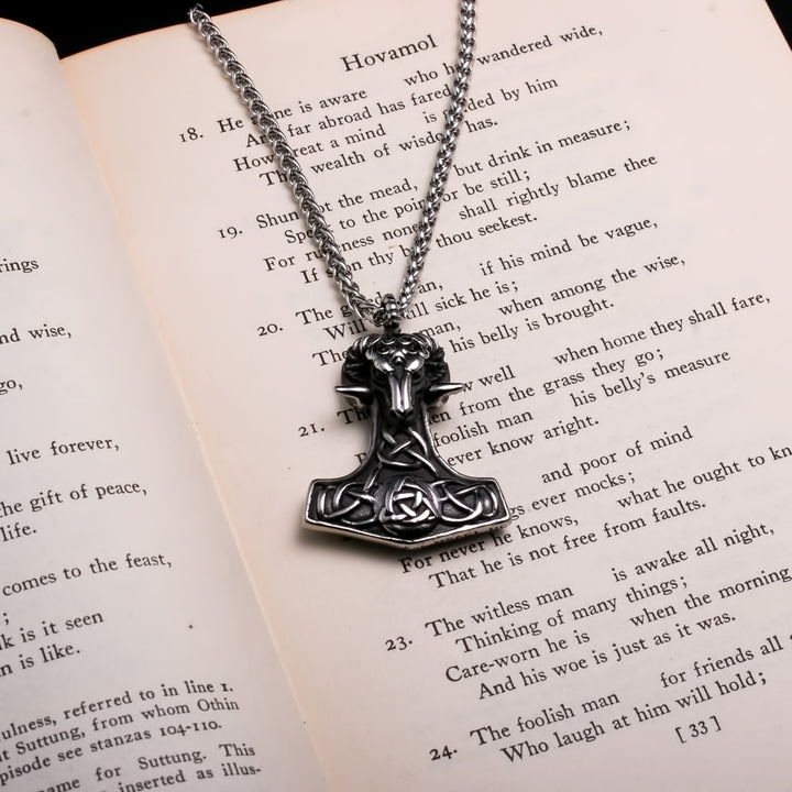 Viking Mjolnir Thor's Hammer Trinity Knot Goat Stainless Steel Pendant Necklace