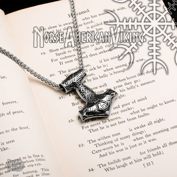 Viking Mjolnir Thor's Hammer Wolf Valknut Stainless Steel Pendant Necklace