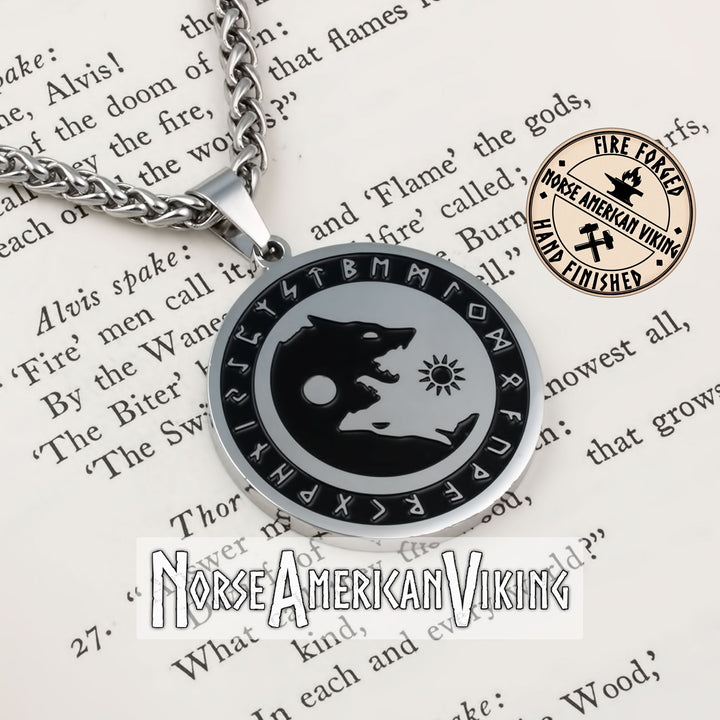 Viking Wolf Rune Sun and Moon Stainless Steel Pendant Necklace