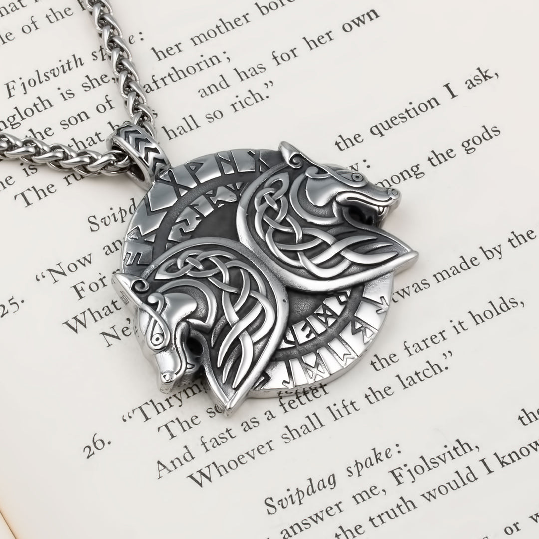 Geri and Freki Wolf Rune Pendant Necklace Stainless Steel Viking
