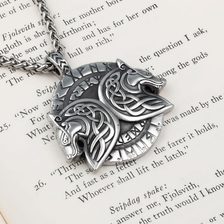 Geri and Freki Wolf Rune Pendant Necklace Stainless Steel Viking