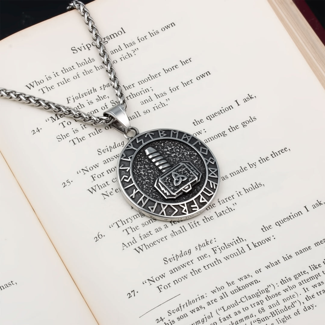 Mjolnir Rune Medallion Pendant Necklace Stainless Steel Viking