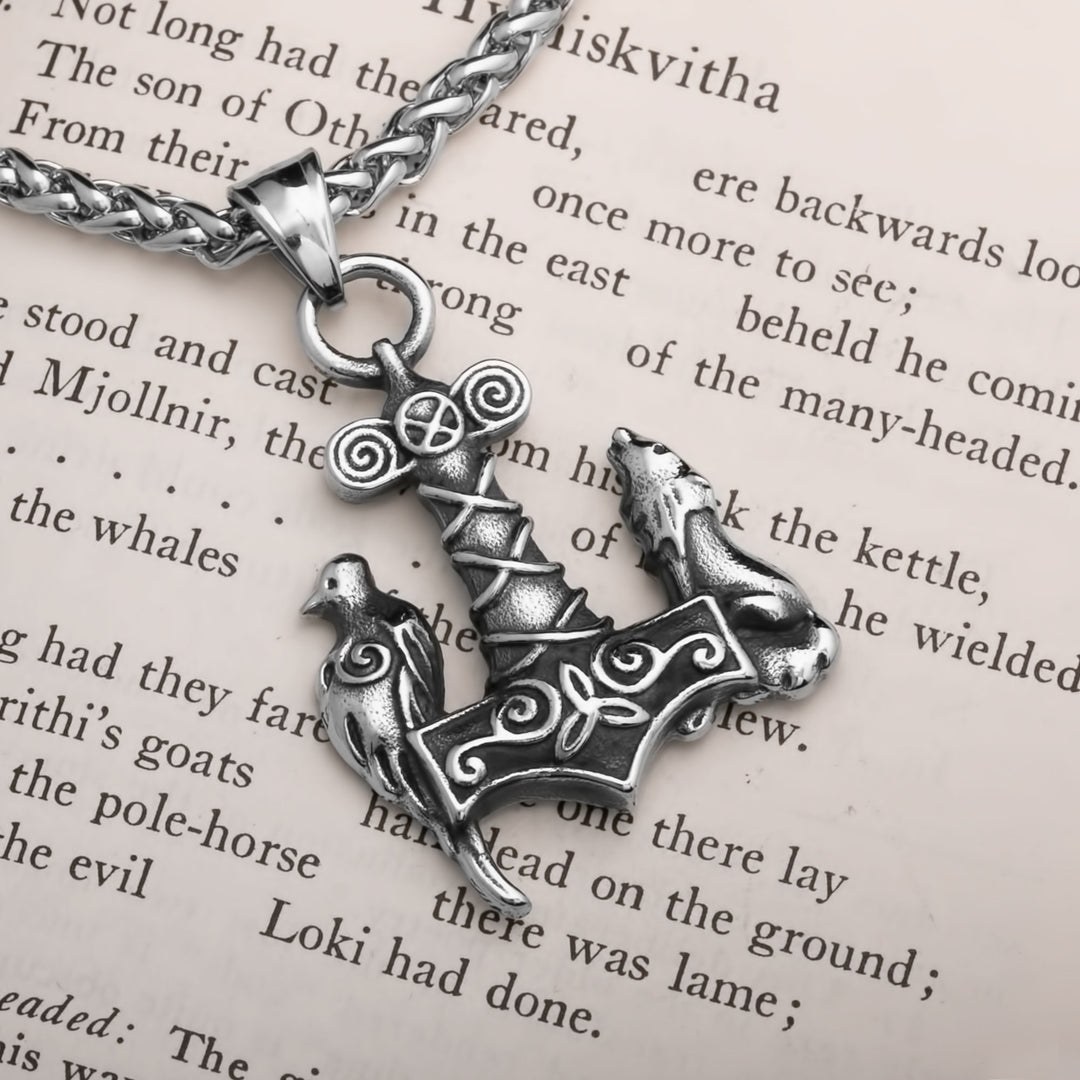 Mjolnir Wolf Raven Viking Pendant Necklace 316L Stainless Steel