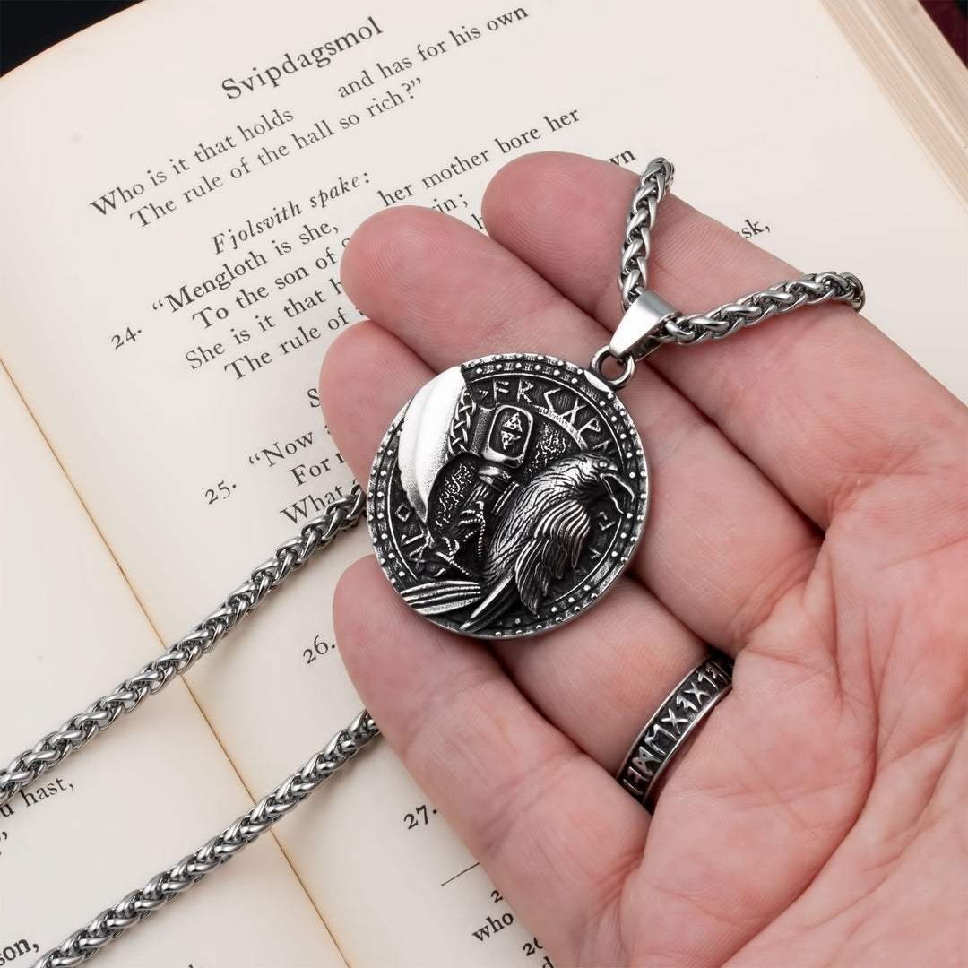Raven Axe Rune Pendant Necklace Stainless Steel Viking