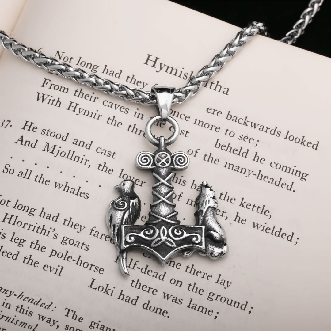 Mjolnir Wolf Raven Viking Pendant Necklace 316L Stainless Steel - view 3