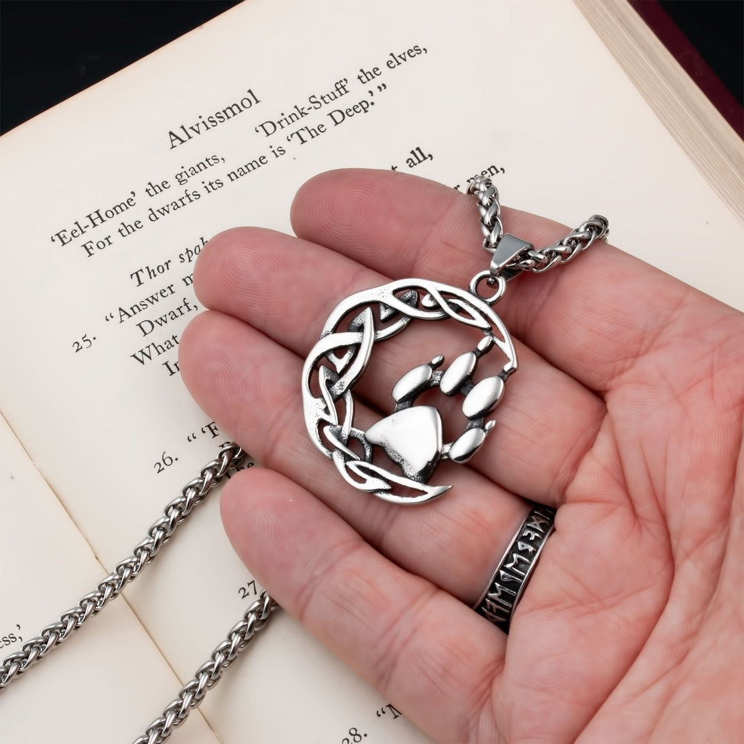 Crescent Moon Wolf Paw Print Pendant Necklace Stainless Steel Viking