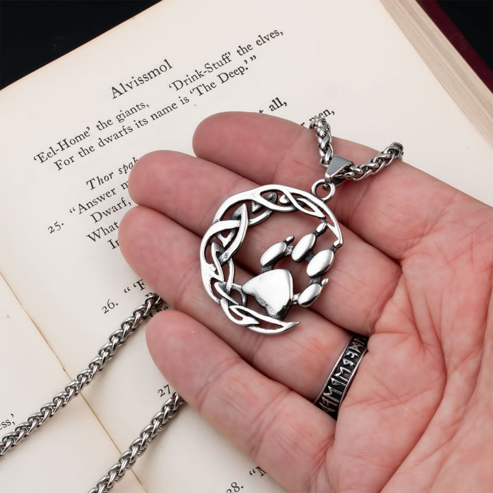 Crescent Moon Wolf Paw Print Pendant Necklace Stainless Steel Viking