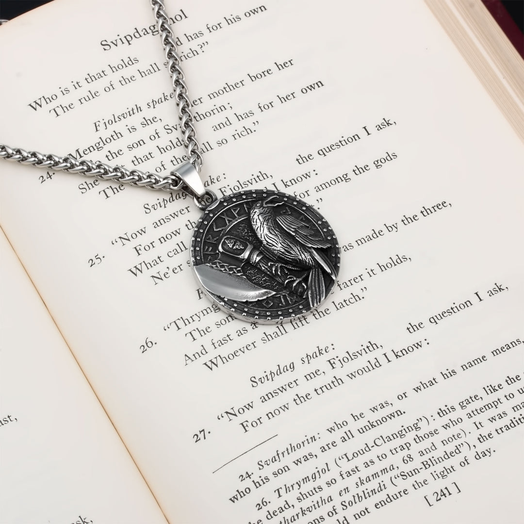 Raven Axe Rune Pendant Necklace Stainless Steel Viking