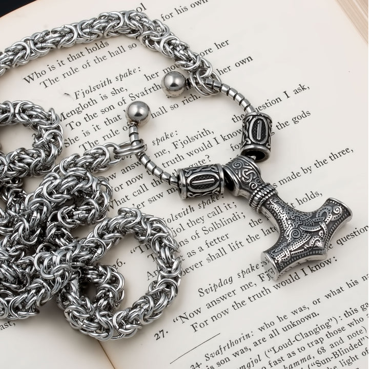 Mjolnir Thor's Hammer King Rune Byzantine Necklace 316L Stainless Steel Viking