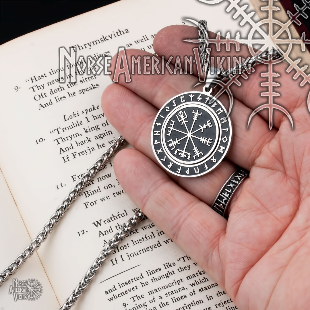 Viking Vegvisir Elder Futhark Rune Spinner Stainless Steel Pendant Necklace