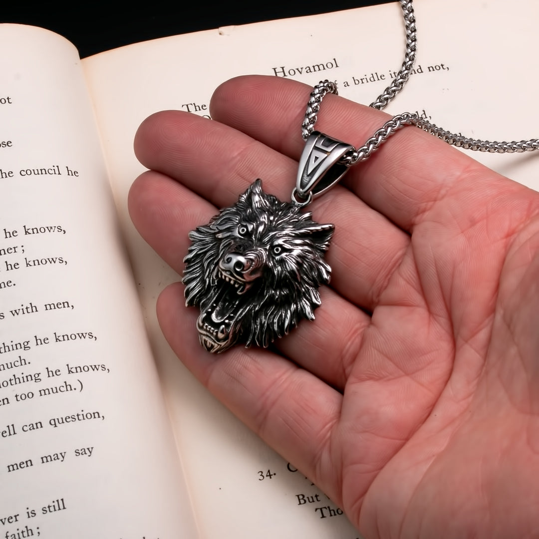 Viking Fenrir Wolf Head Stainless Steel Pendant Necklace