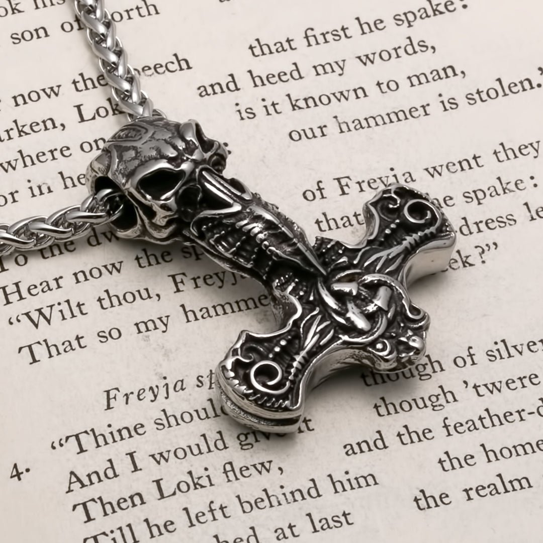 Viking Mjolnir Thor's Hammer Raven Skull Stainless Steel Pendant Necklace