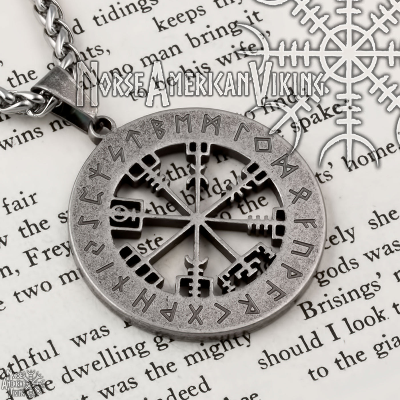 Viking Vegvisir Elder Futhark Rune Compass Stainless Steel Pendant Necklace