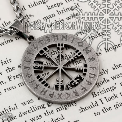 Viking Vegvisir Elder Futhark Rune Compass Stainless Steel Pendant Necklace