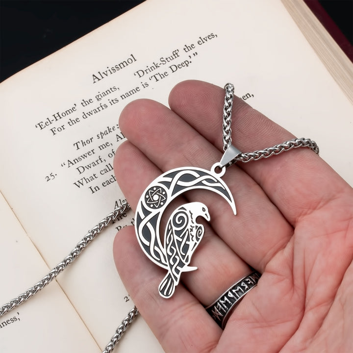 Raven Crescent Moon Pendant Necklace Stainless Steel Viking