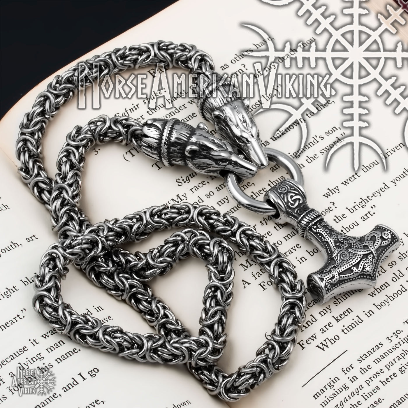 Viking Mjolnir Thor's Hammer King Bear Byzantine Necklace 316L Stainless Steel