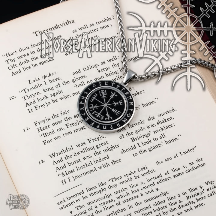 Viking Vegvisir Elder Futhark Rune Spinner Stainless Steel Pendant Necklace