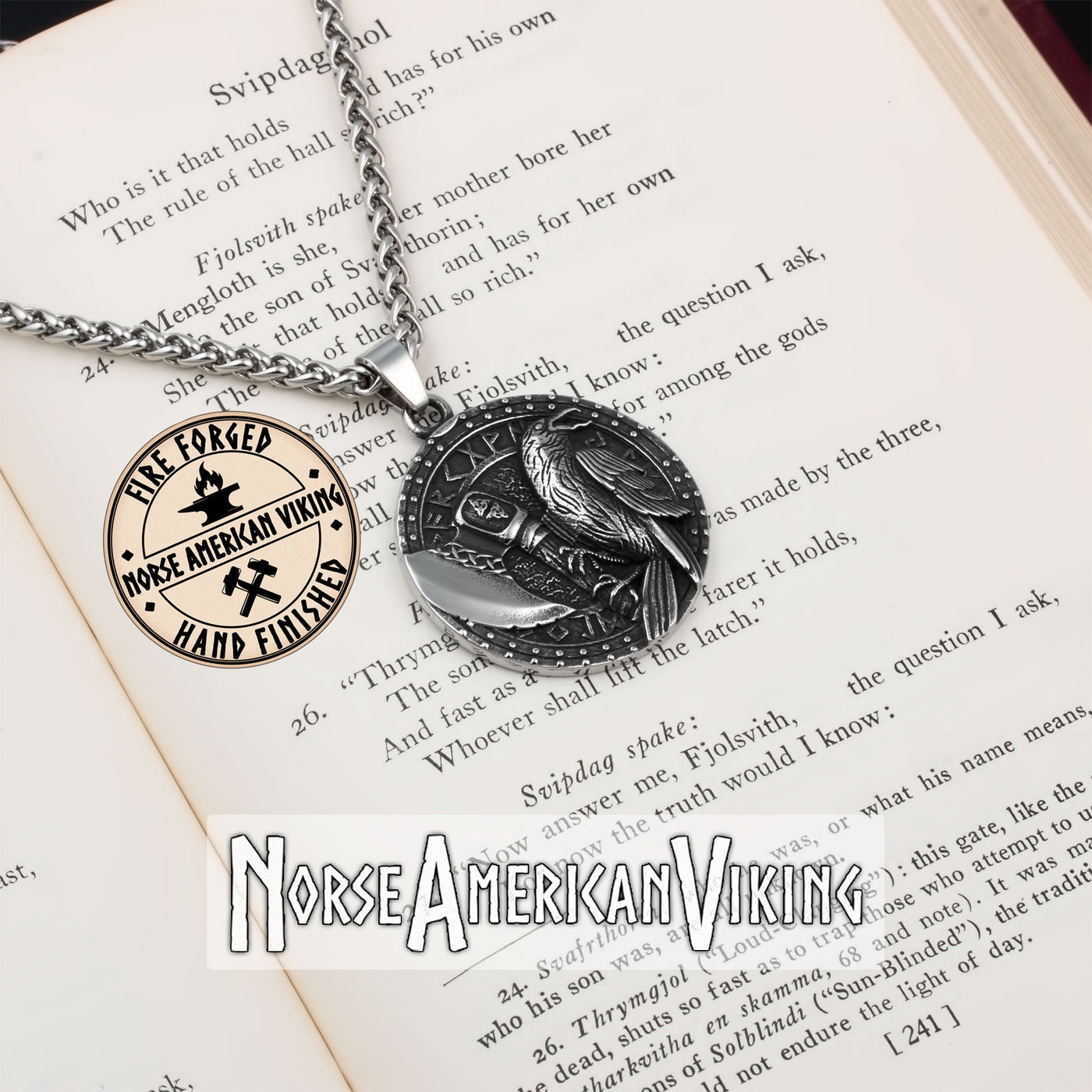 Viking Raven Axe Rune Stainless Steel Pendant Necklace