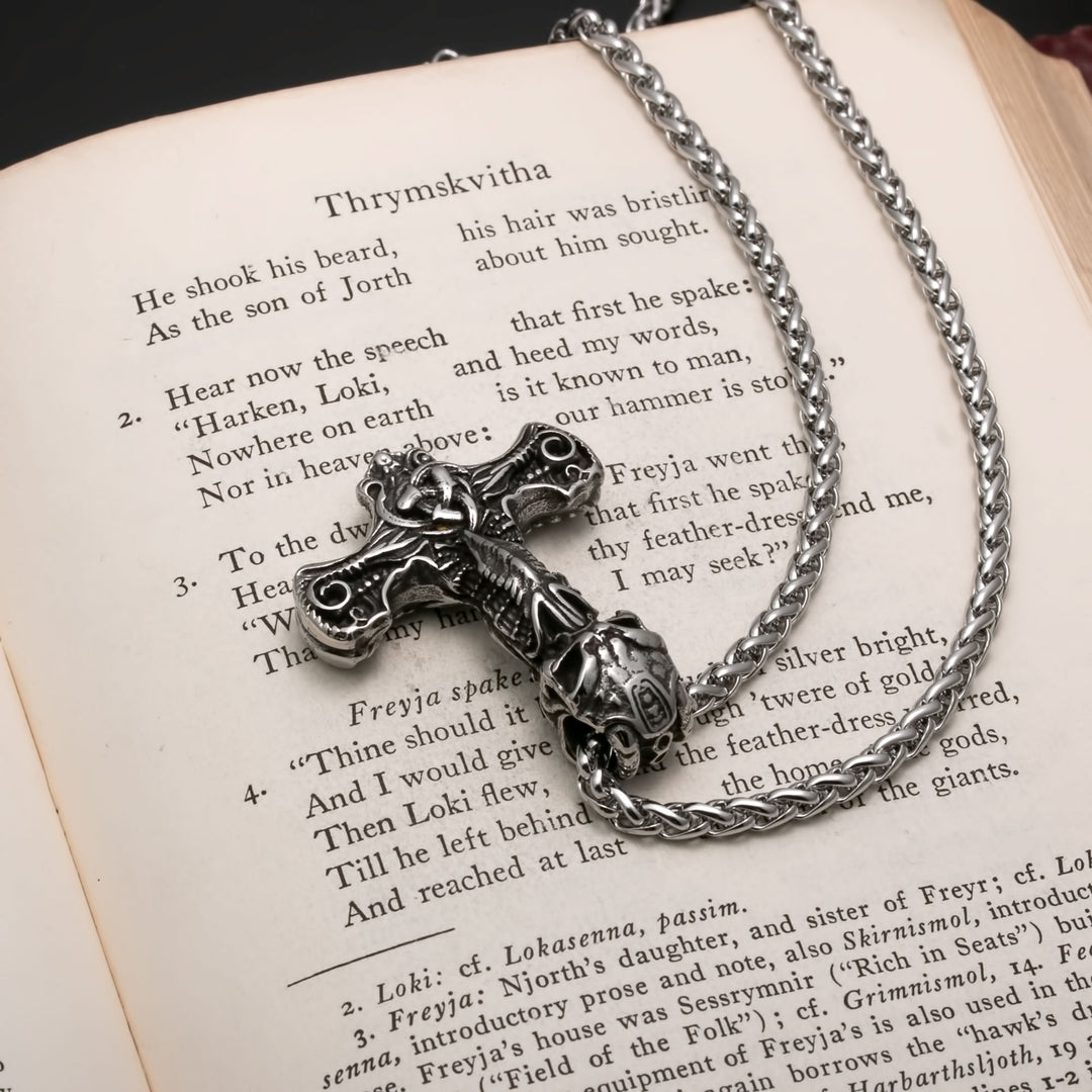 Viking Mjolnir Thor's Hammer Raven Skull Stainless Steel Pendant Necklace