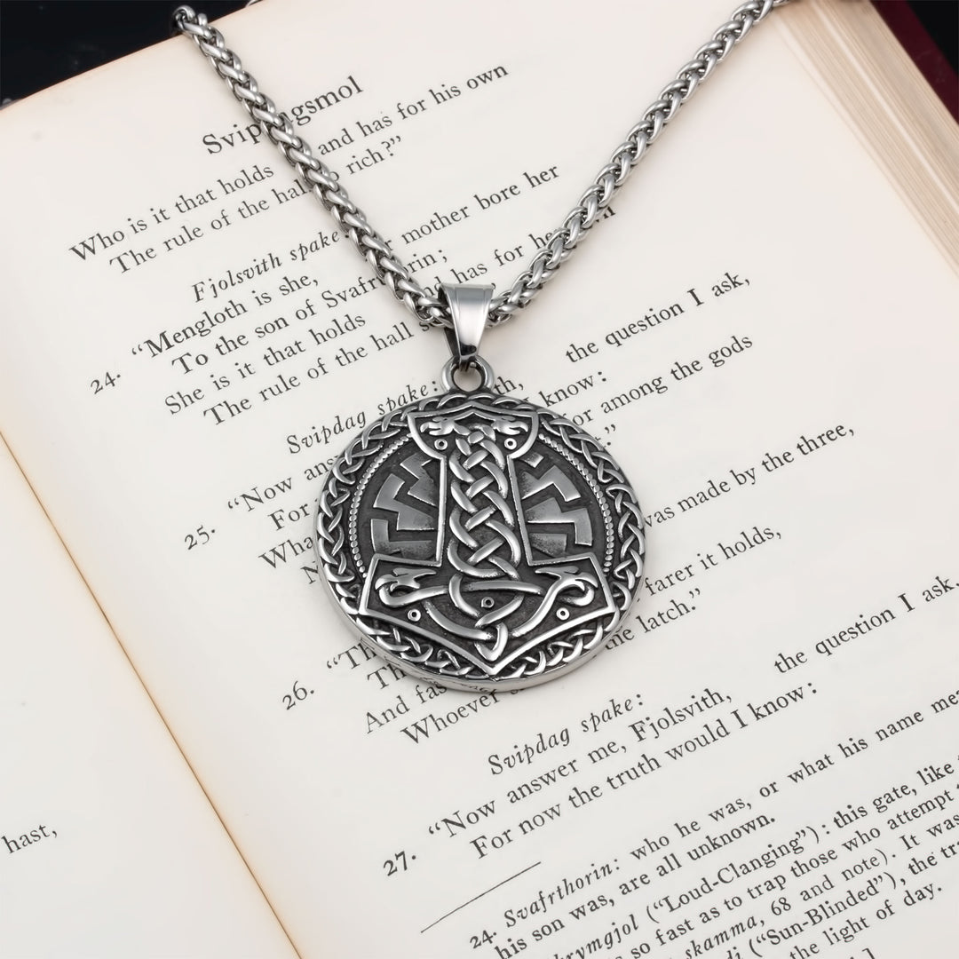 Mjolnir Sowilo Rune Medallion Pendant Necklace Stainless Steel Viking