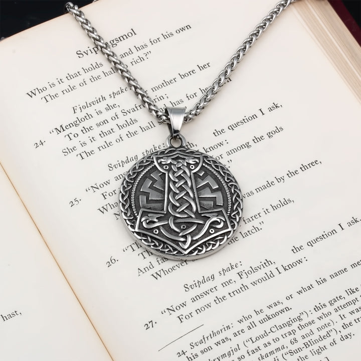 Mjolnir Sowilo Rune Medallion Pendant Necklace Stainless Steel Viking