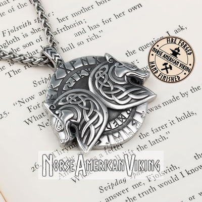 Viking Geri and Freki Wolf Rune Stainless Steel Pendant Necklace