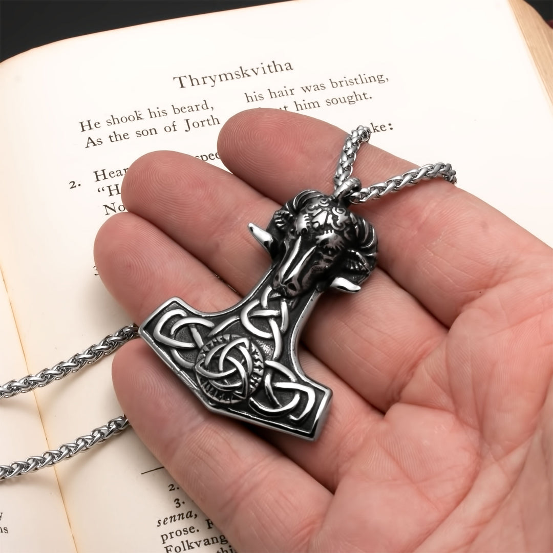 Viking Mjolnir Thor's Hammer Trinity Knot Goat Stainless Steel Pendant Necklace