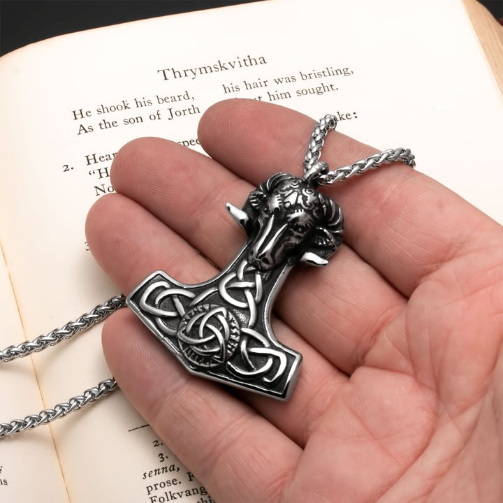Viking Mjolnir Thor's Hammer Trinity Knot Goat Stainless Steel Pendant Necklace