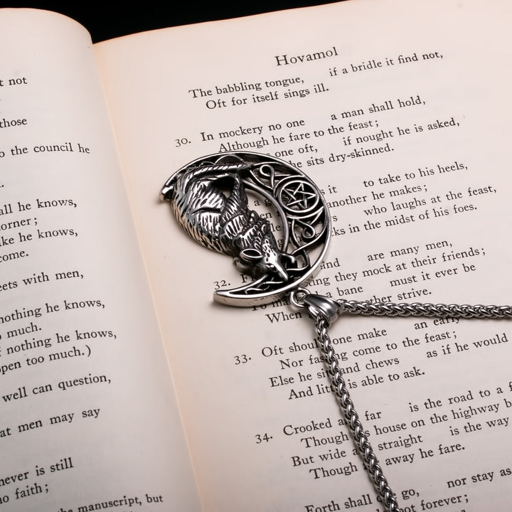 Viking Fenrir Wolf Crescent Moon Stainless Steel Pendant Necklace