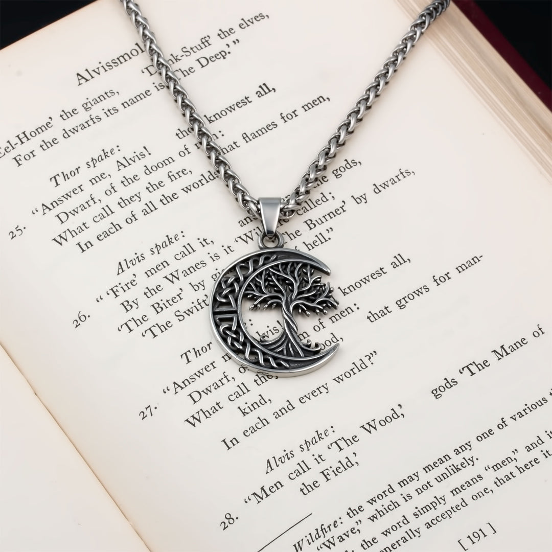 Yggdrasil World Ash Tree Moon Pendant Necklace Stainless Steel Viking