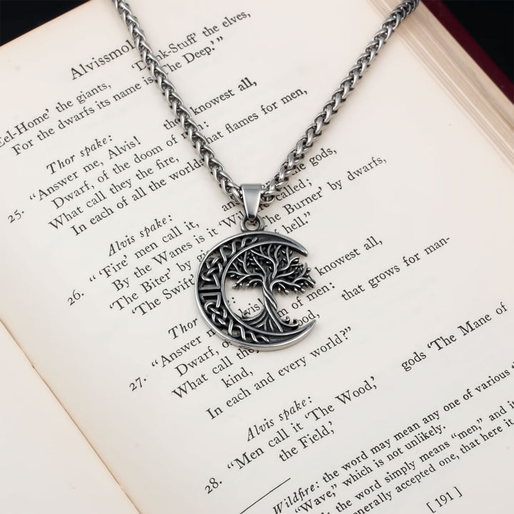 Yggdrasil World Ash Tree Moon Pendant Necklace Stainless Steel Viking