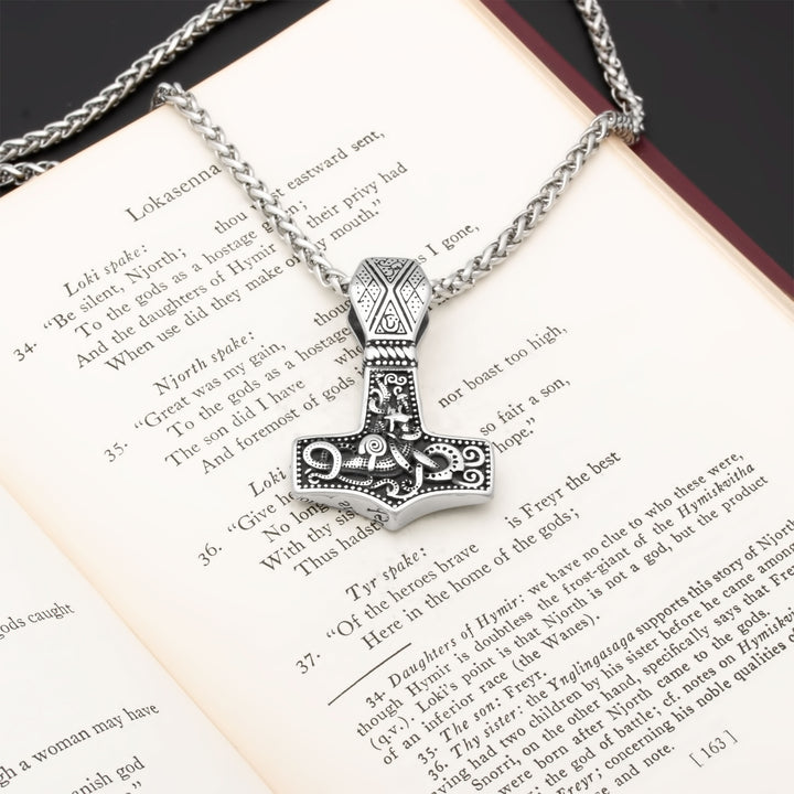 Mjolnir Thor's Hammer Jormungandr Pendant Necklace Stainless Steel Viking