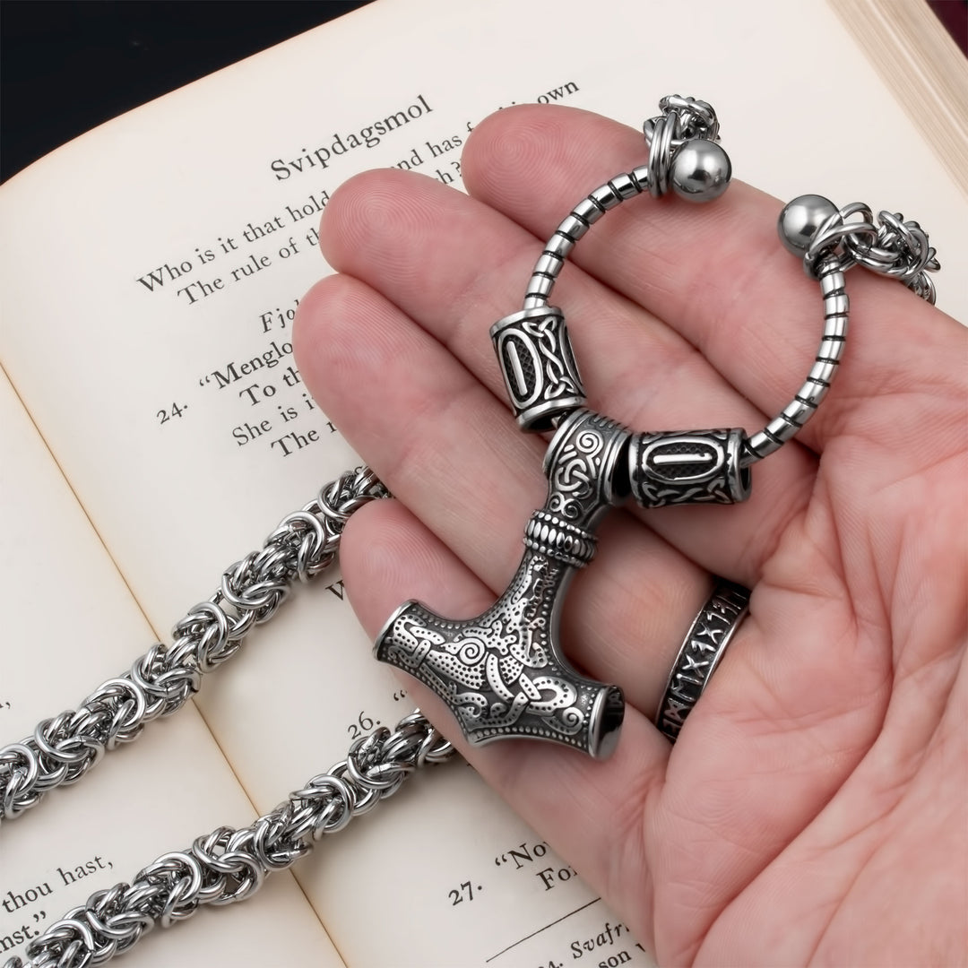 Mjolnir Thor's Hammer King Rune Byzantine Necklace 316L Stainless Steel Viking