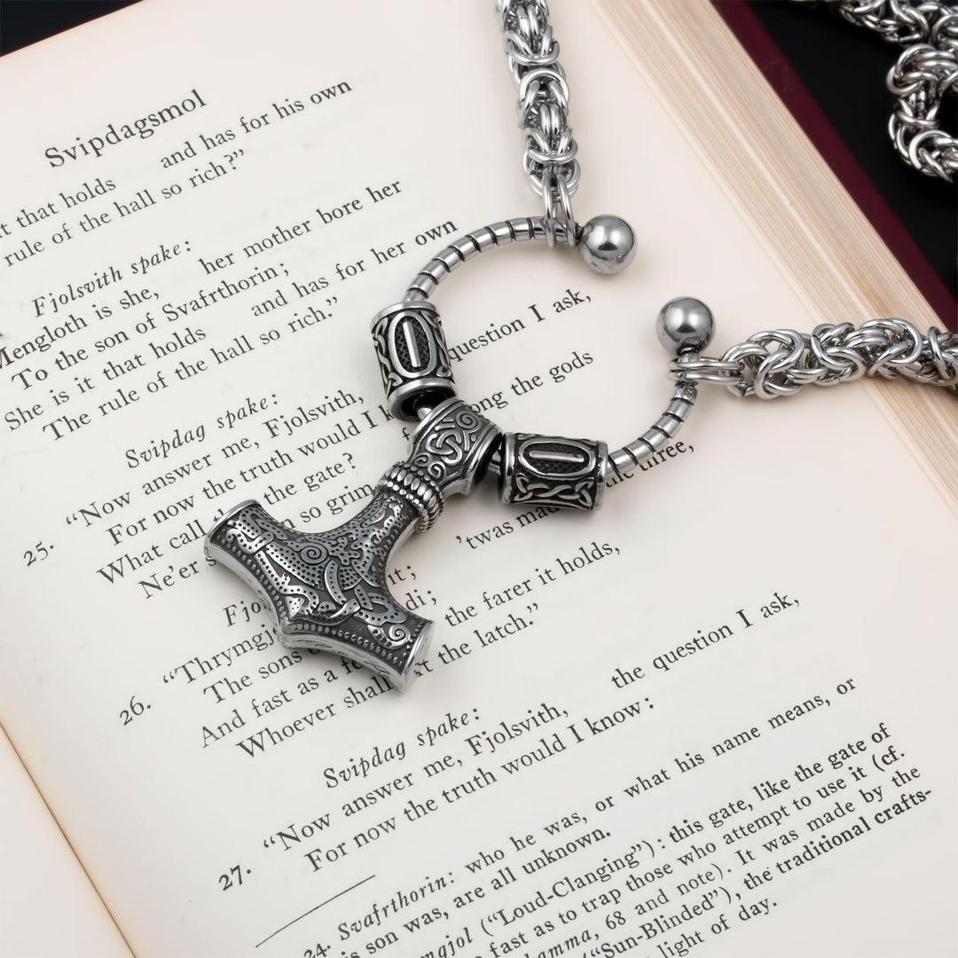 Mjolnir Thor's Hammer King Rune Byzantine Necklace 316L Stainless Steel Viking