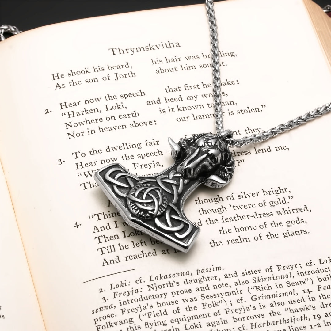 Viking Mjolnir Thor's Hammer Trinity Knot Goat Stainless Steel Pendant Necklace