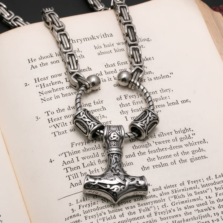 Viking Mjolnir Thor's Hammer King Rune Byzantine Necklace 316L Stainless Steel