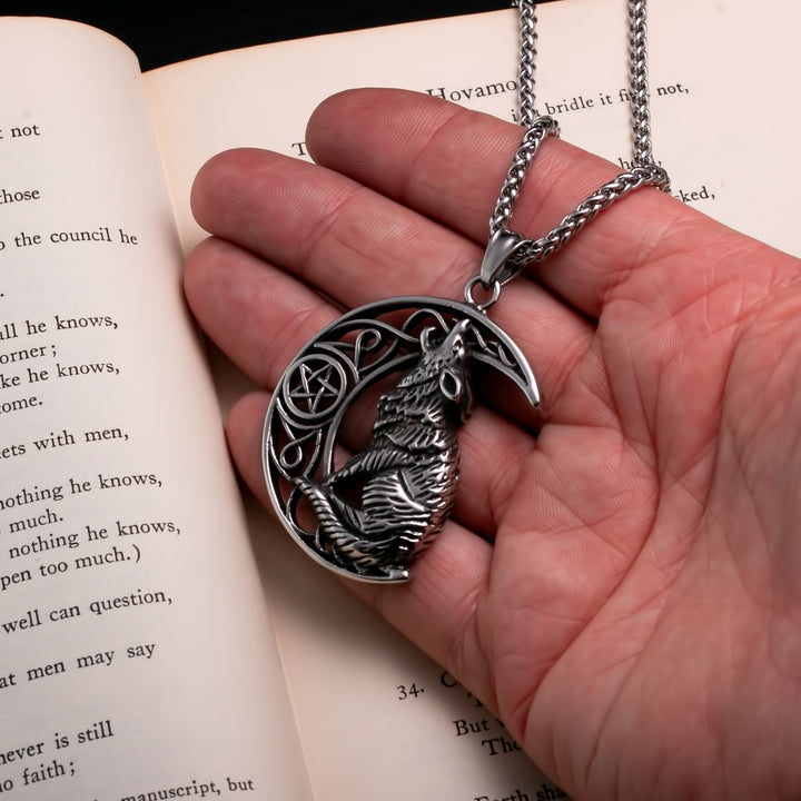 Viking Fenrir Wolf Crescent Moon Stainless Steel Pendant Necklace