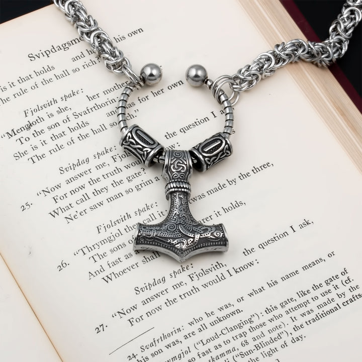 Mjolnir Thor's Hammer King Rune Byzantine Necklace 316L Stainless Steel Viking