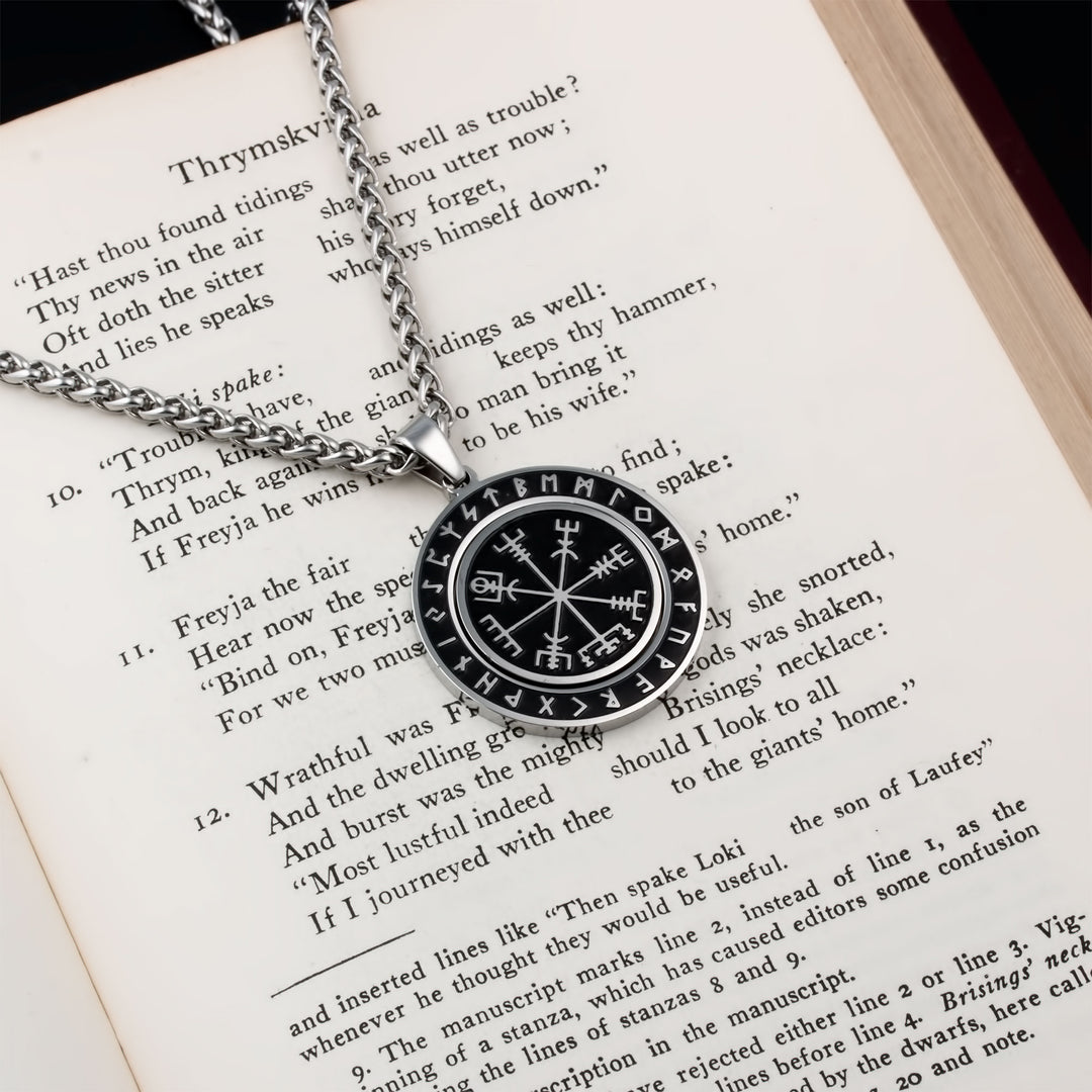 Vegvisir Elder Futhark Rune Spinner Pendant Necklace Stainless Steel Viking