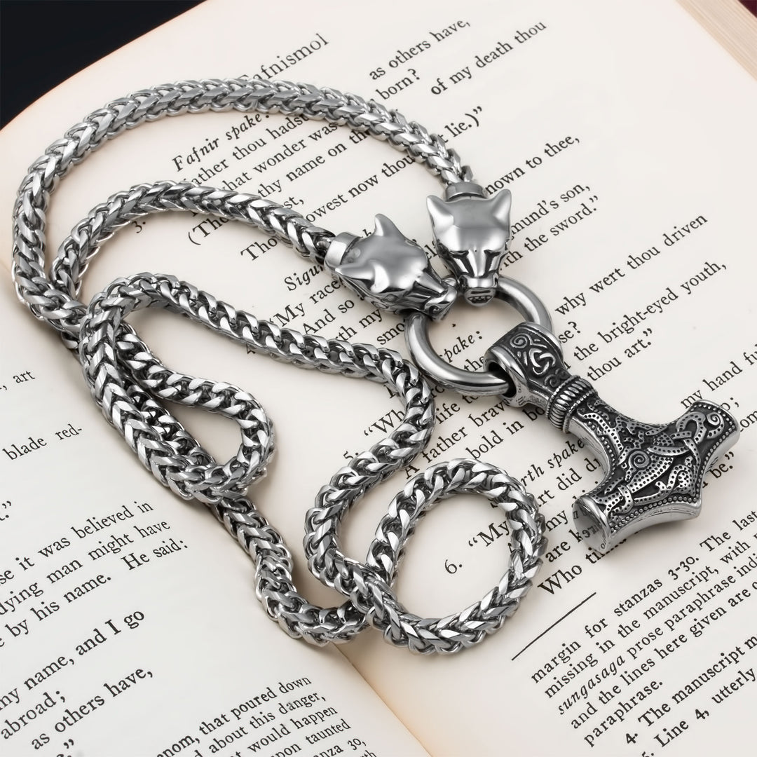 Mjolnir Thor's Hammer King Wolf Foxtail Necklace 316L Stainless Steel Viking