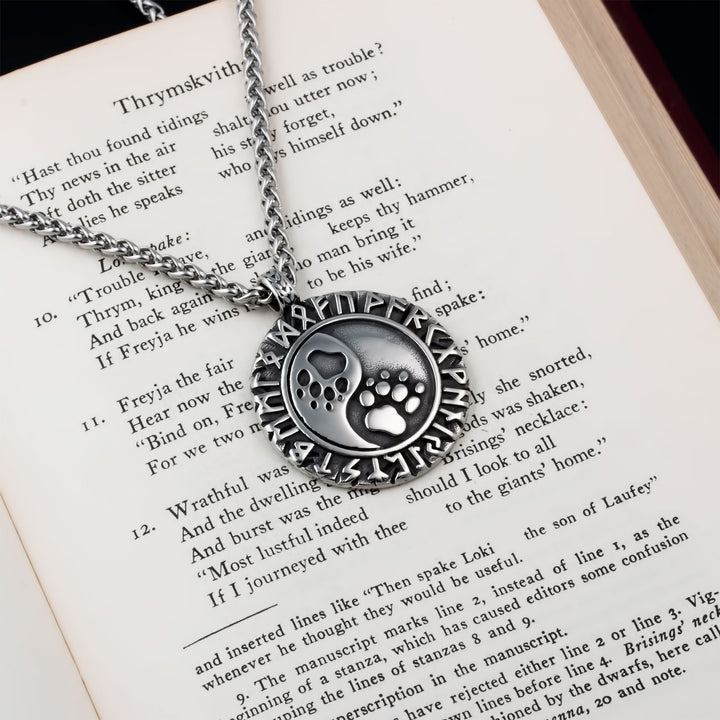 Wolf Print Rune Pendant Necklace Stainless Steel Viking