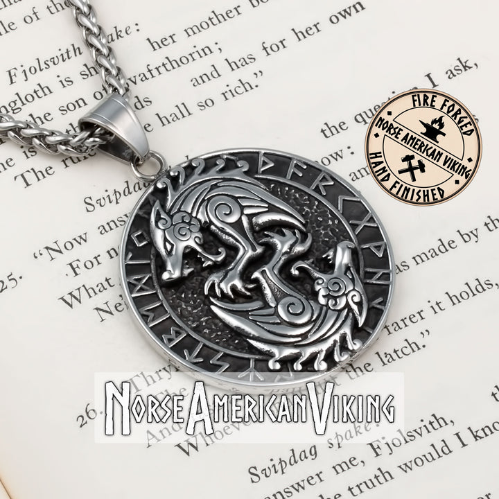 Viking Wolf Rune Stainless Steel Pendant Necklace