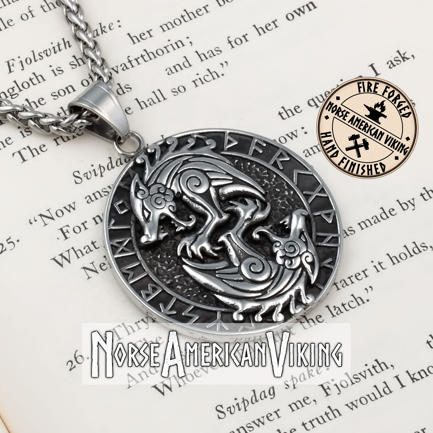 Viking Wolf Rune Stainless Steel Pendant Necklace