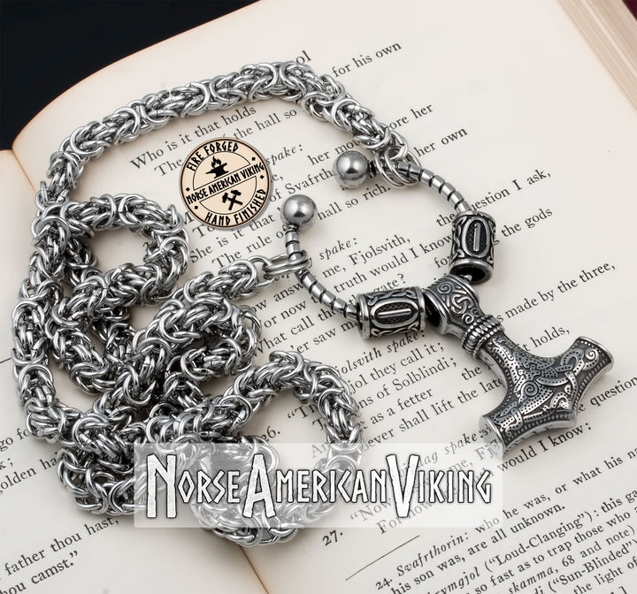 Viking Mjolnir Thor's Hammer King Rune Byzantine Necklace 316L Stainless Steel