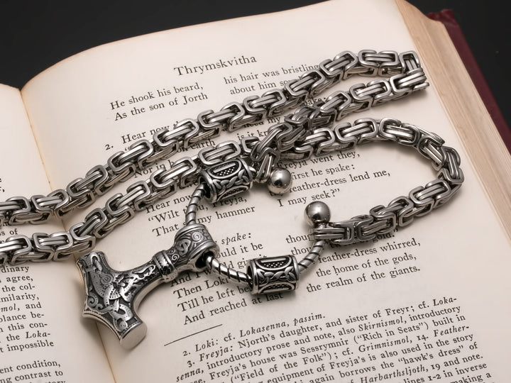 Viking Mjolnir Thor's Hammer King Rune Byzantine Necklace 316L Stainless Steel