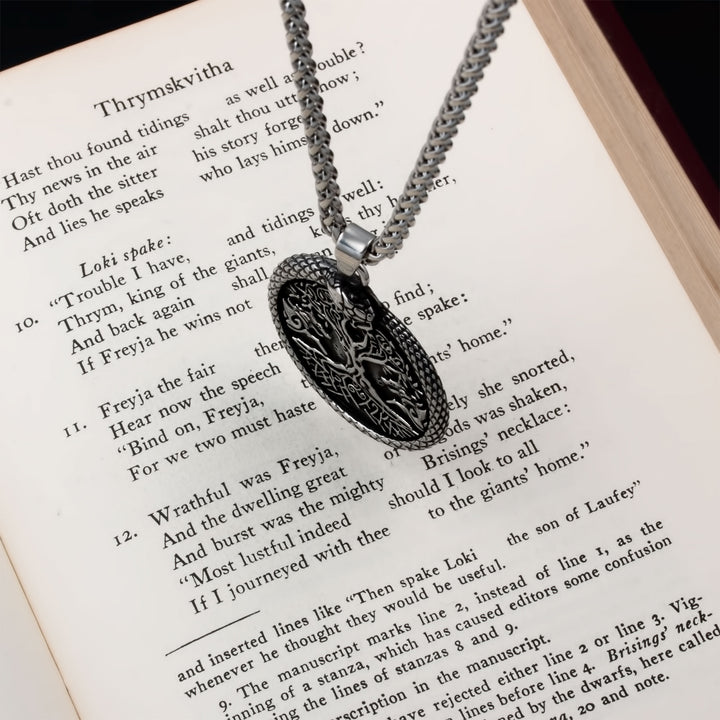 Yggdrasil World Ash Tree Wolf Pentagram Pendant Necklace Stainless Steel Viking